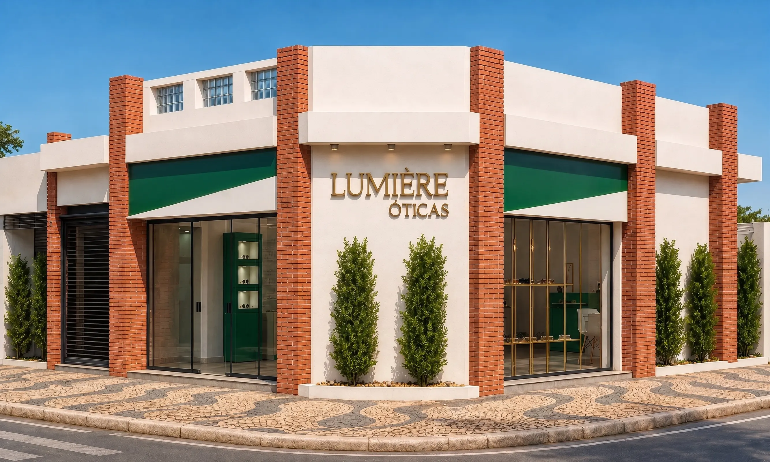 Fachada da Lumière Óticas durante o dia, em Leme/SP