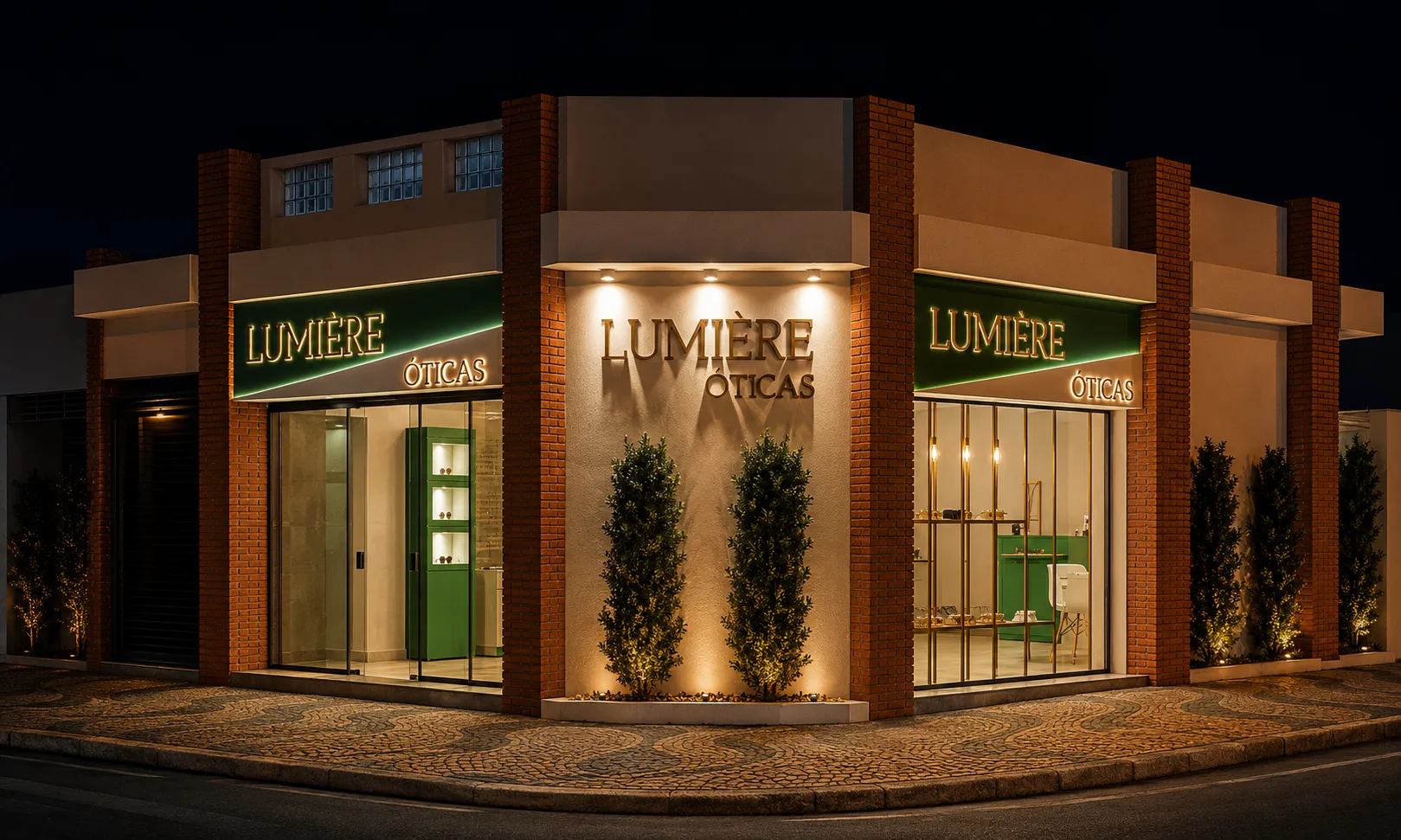 Fachada da Lumière Óticas à noite, em Leme/SP
